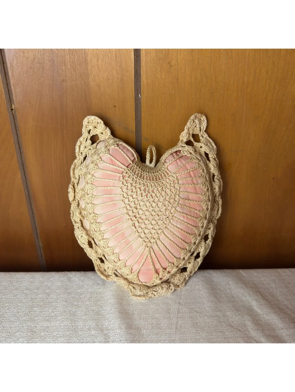 Vintage Crochet Heart Pillow Hanging Ornament 6x6 Pink Cream Cottagecore Decor